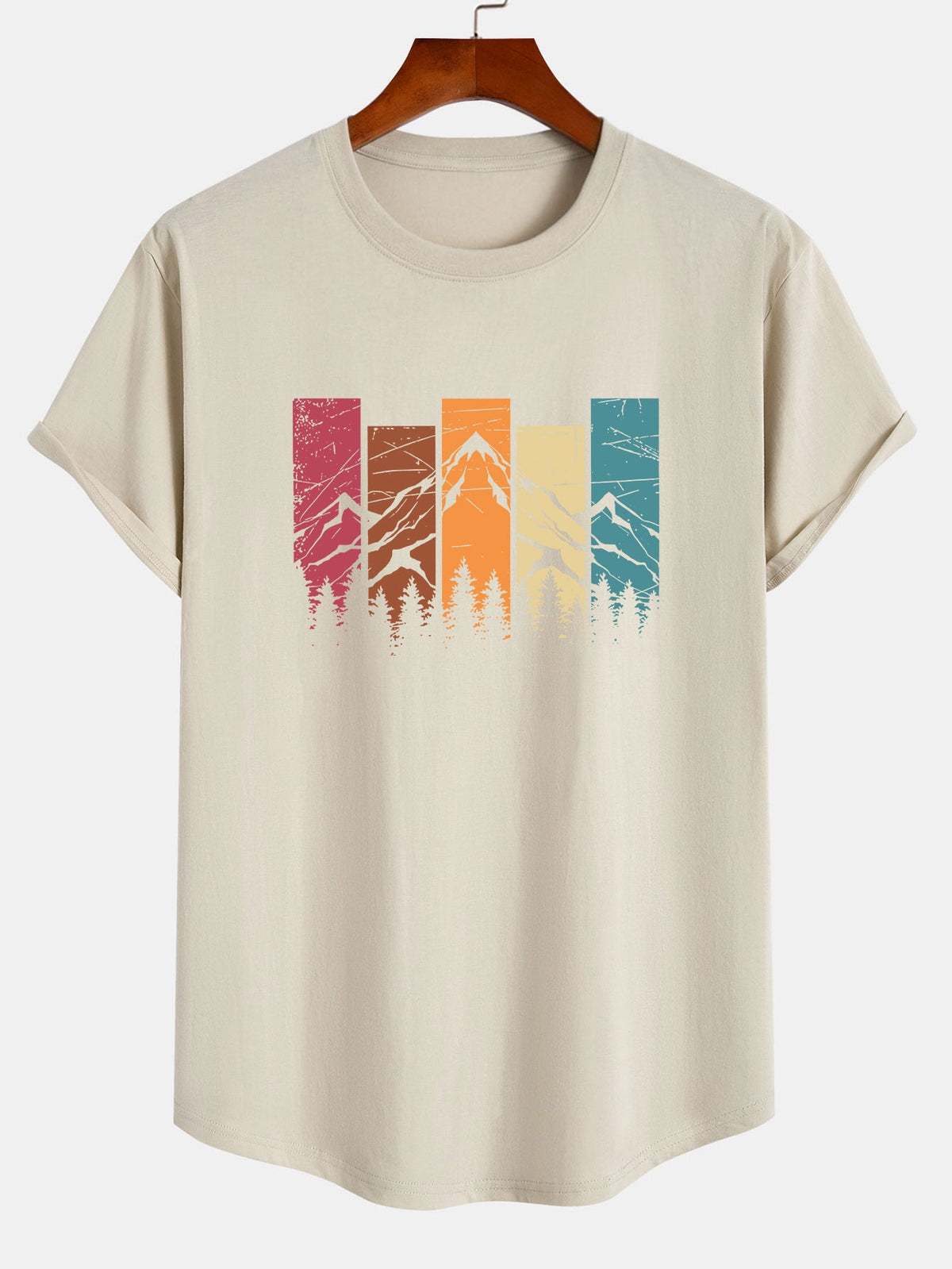 Camiseta de Algodão com Estampa Colorida de Montanha e Barra Curvada