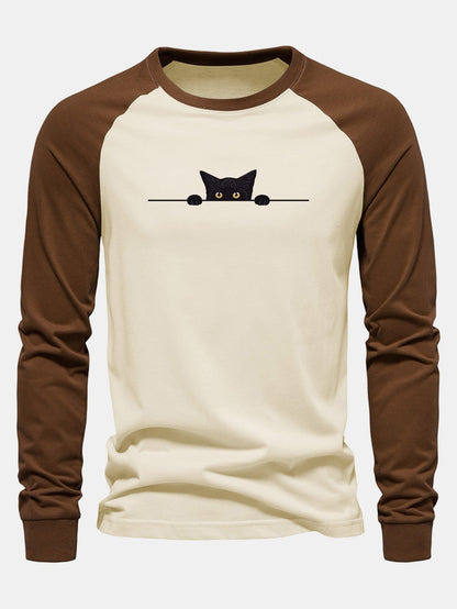 Black Cat Print Raglan Long Sleeve Cotton T-Shirt