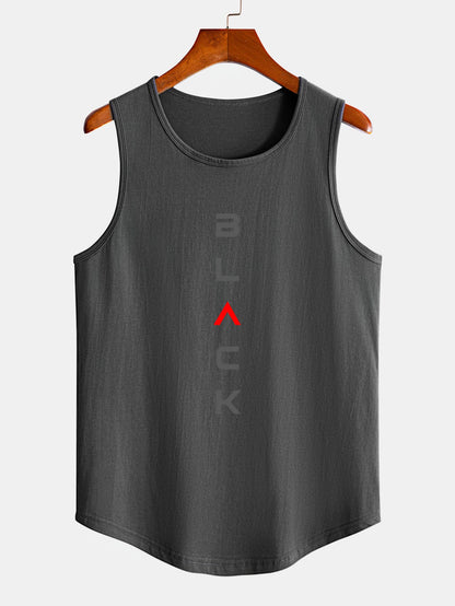 Black Print Curved Hem Cotton Muscle Tank