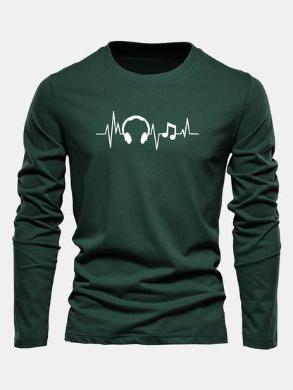 Camiseta de algodão com mangas longas e estampa de batimentos cardíacos musicais