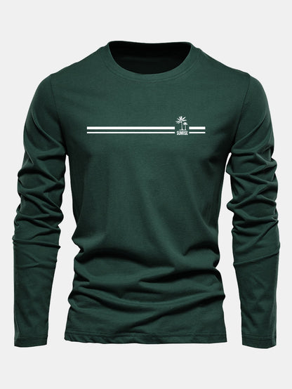 Camiseta de algodão com estampa listrada de palmeiras e mangas longas