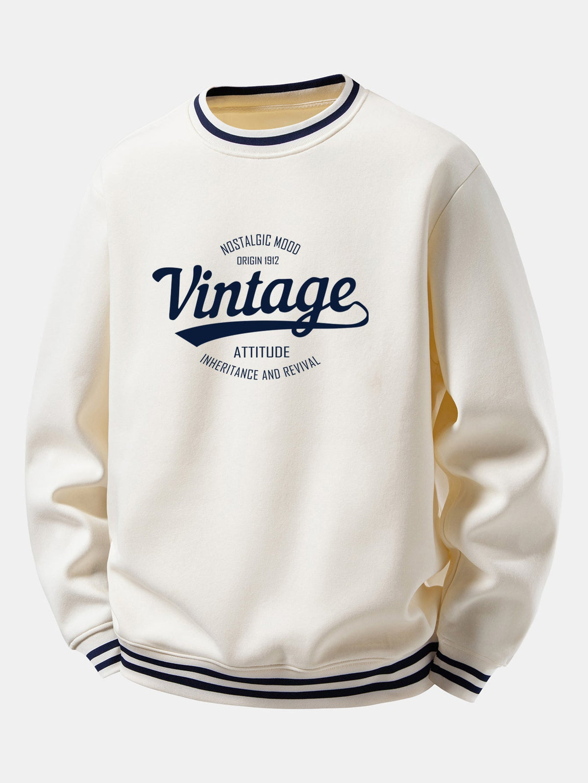 Vintage Print Striped Ribbed Crew Neck Sweatshirt