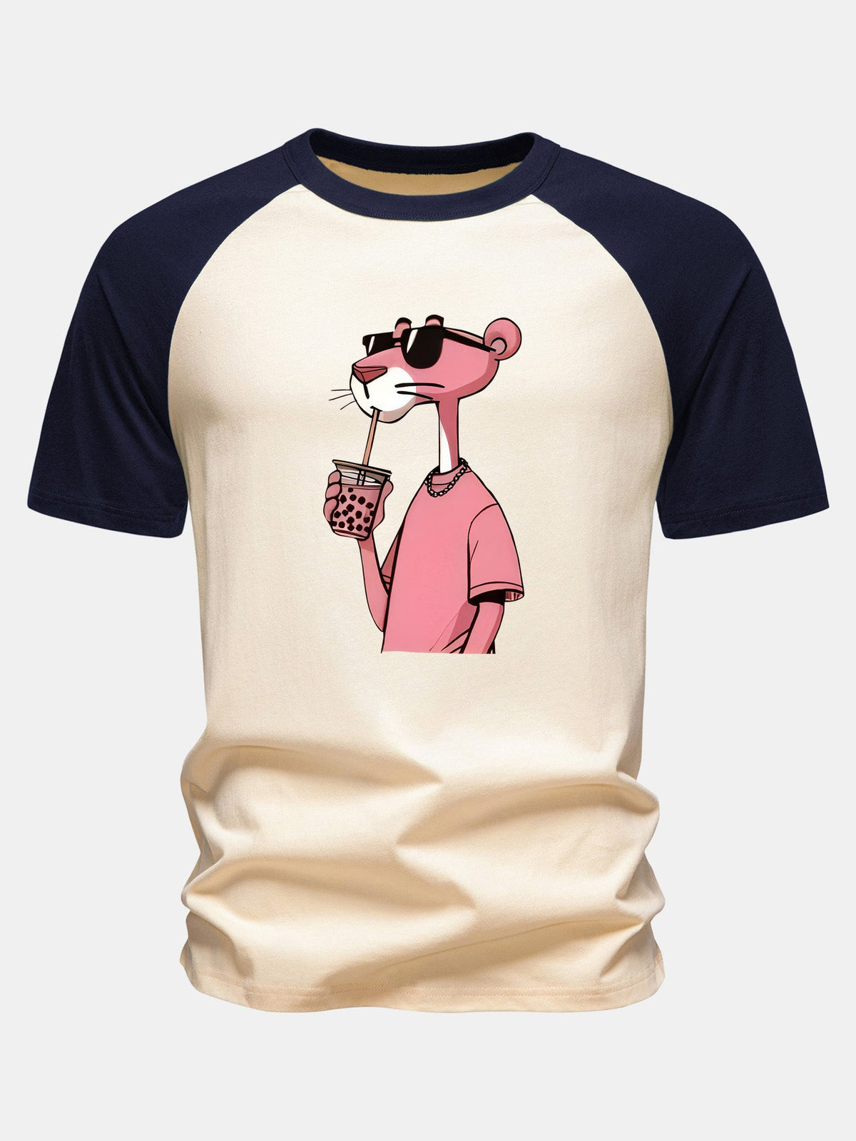 Camiseta de Algodão com Estampa da Pantera Cor-de-Rosa e Mangas Raglan