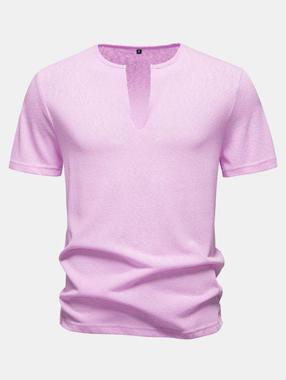 Lightweight Linen-Look Deep Notch Neck T-Shirt