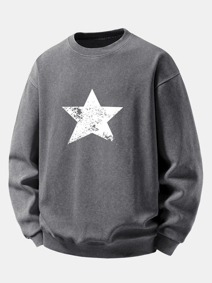 Star Print Washed Distressed Relaxed Sweatshirt