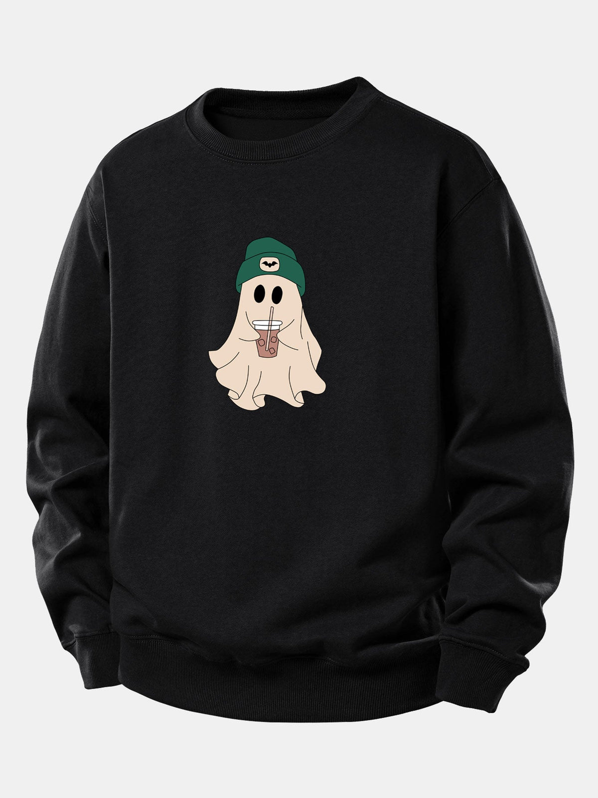 Moletom de corte confortável com estampa de fantasma fofo tomando café