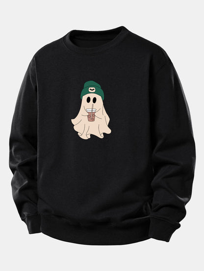 Moletom de corte confortável com estampa de fantasma fofo tomando café