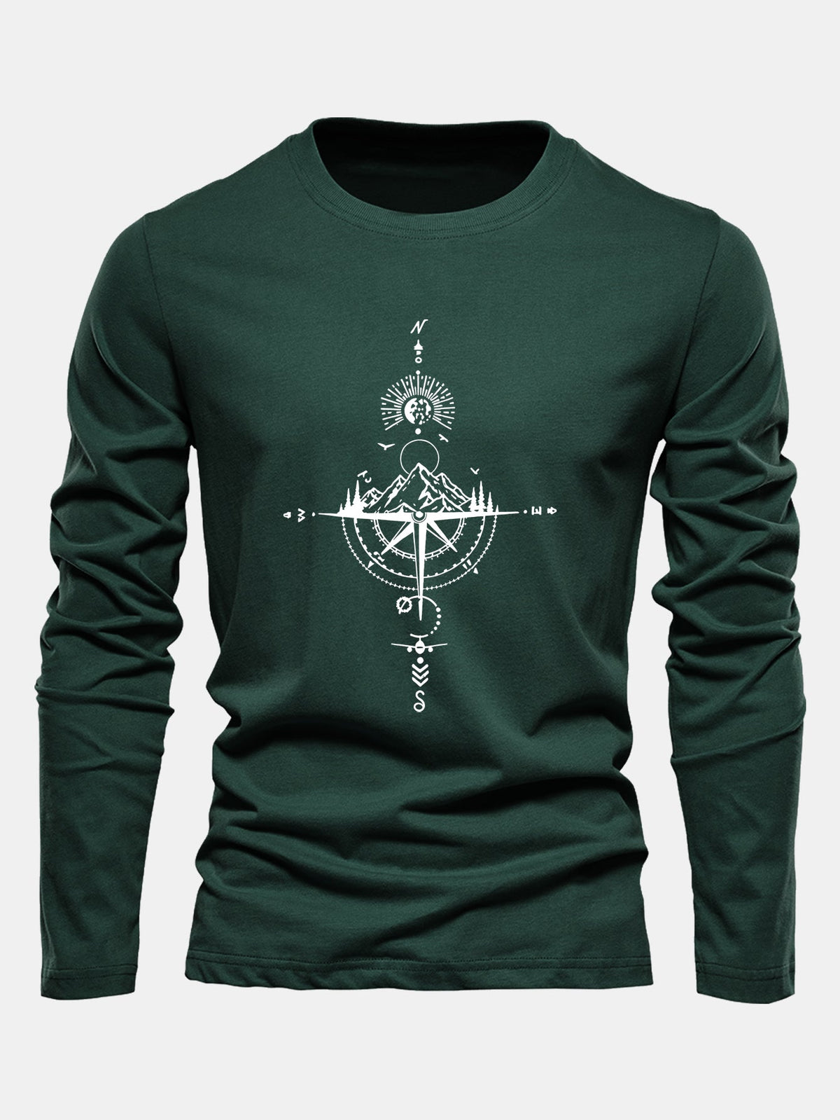Compass & Mountain Print Long Sleeve Cotton T-Shirt