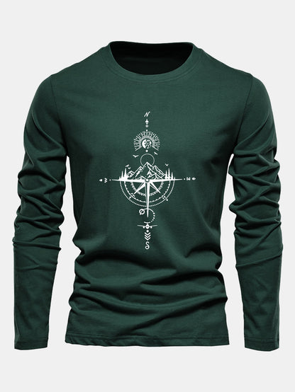 Compass & Mountain Print Long Sleeve Cotton T-Shirt