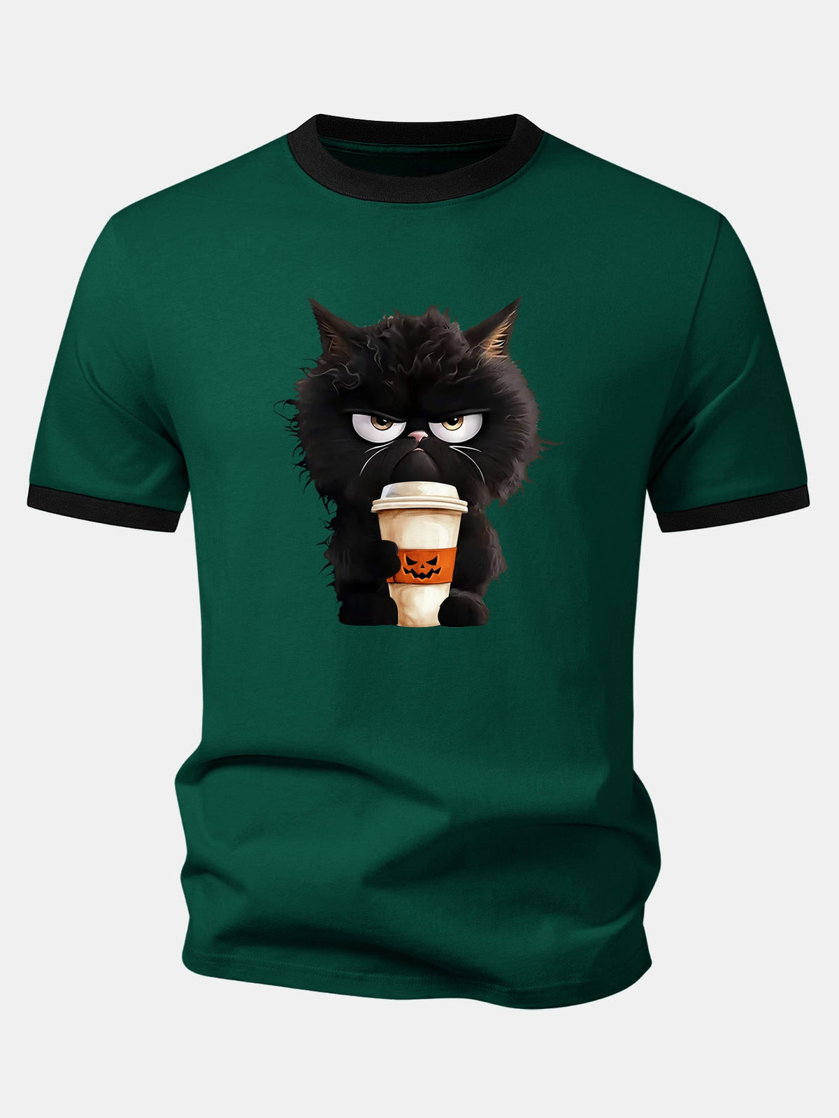 Camiseta Ringer Contrastante com Estampa de Gato Preto, Café e Halloween