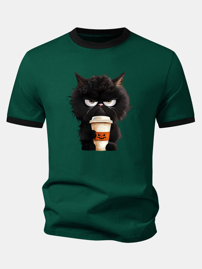 Camiseta Ringer Contrastante com Estampa de Gato Preto, Café e Halloween