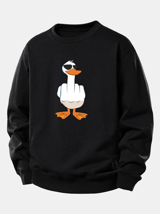 Moletom de Corte Relaxado com Estampa Engraçada de Pato Mostrando o Dedo Médio