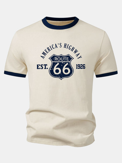 Camiseta Vintage Route 66 America's Highway com Estampa e Detalhe Contrastante