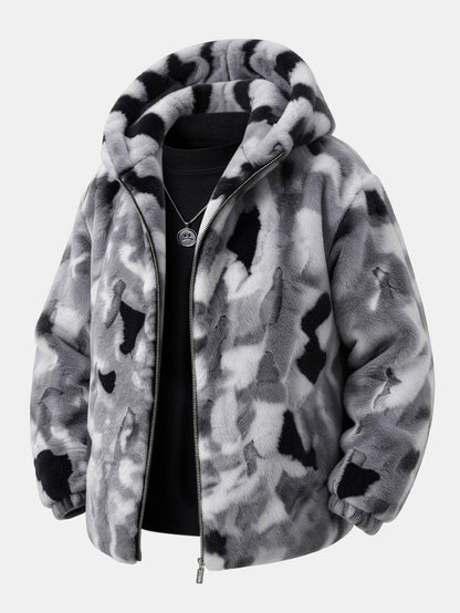 Camo Faux Fur Hooded Zip Jacket