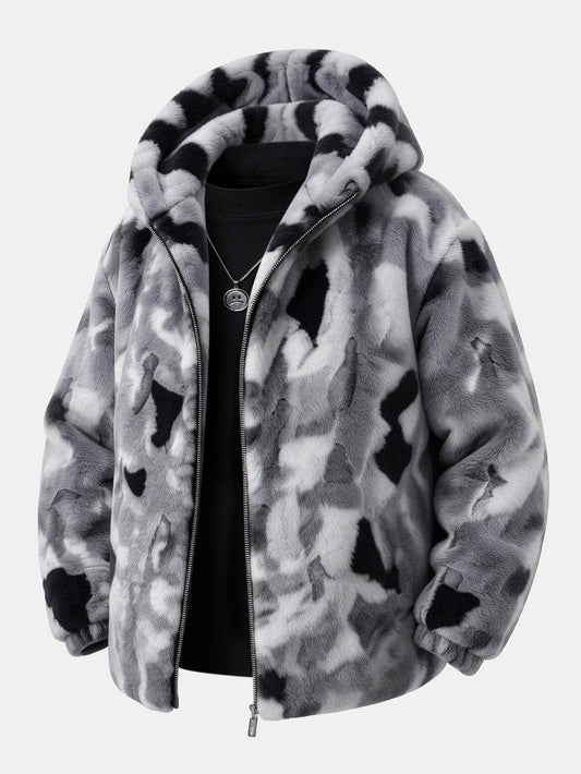 Camo Faux Fur Hooded Zip Jacket