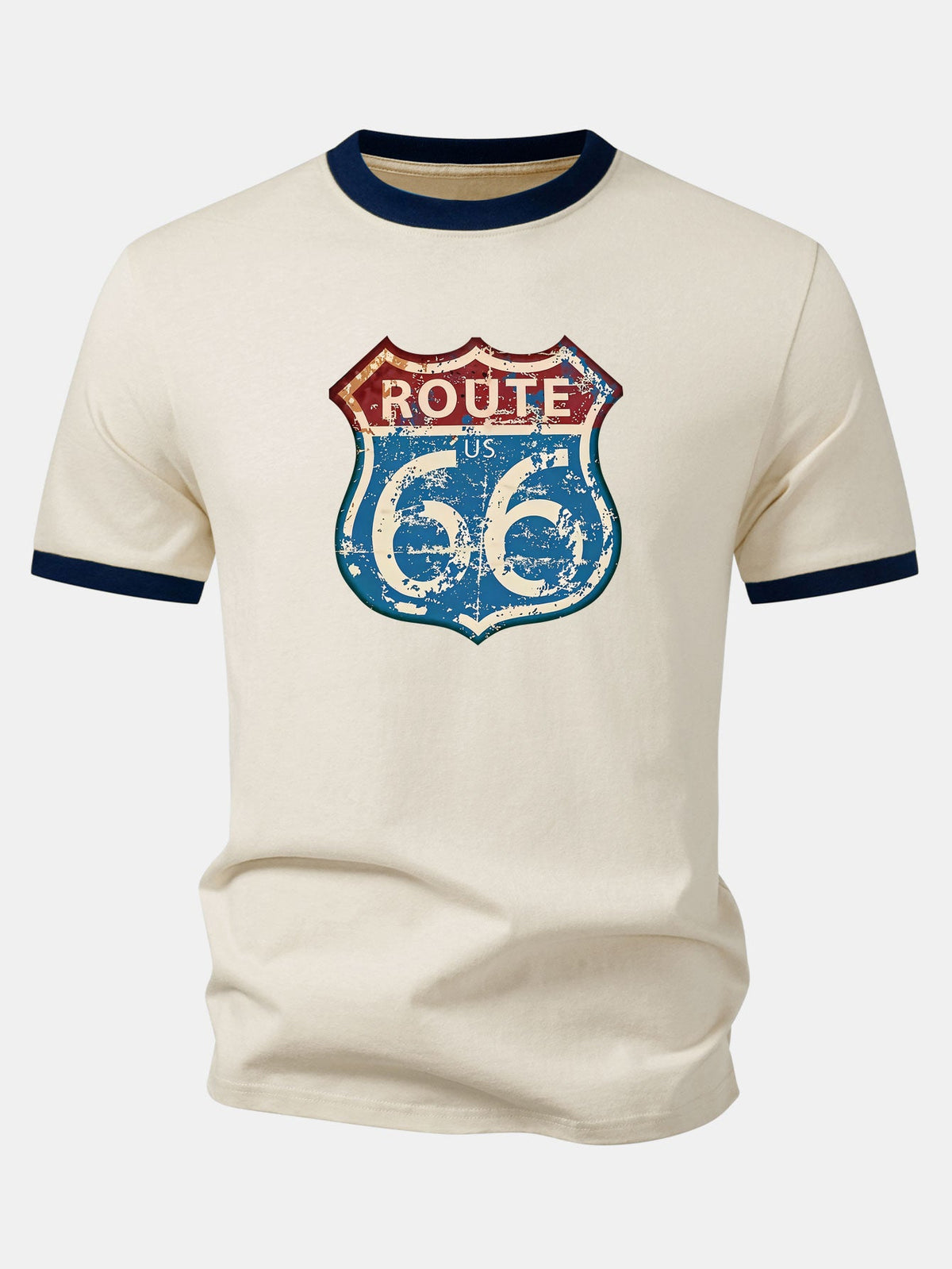 Camiseta Vintage com Estampa da Rota 66 dos EUA e Detalhe Contrastante no Gola e Mangas