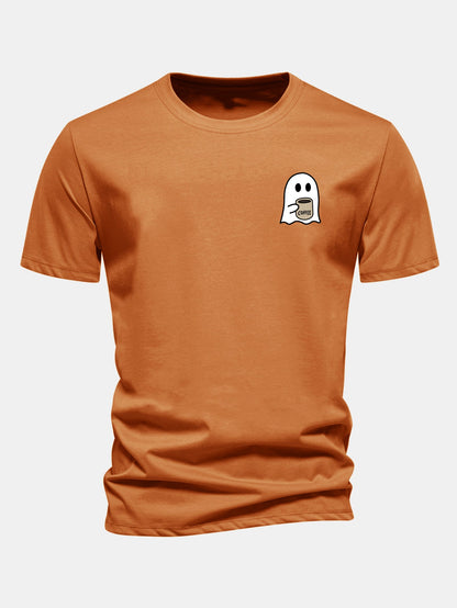 Camiseta de algodão com estampa de fantasma tomando café e caimento regular