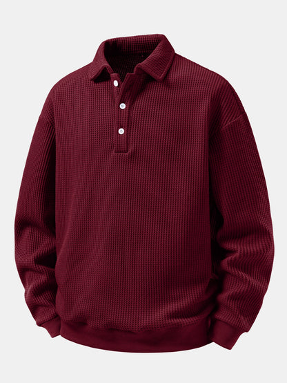 Waffle Knit Polo Collar Sweatshirt