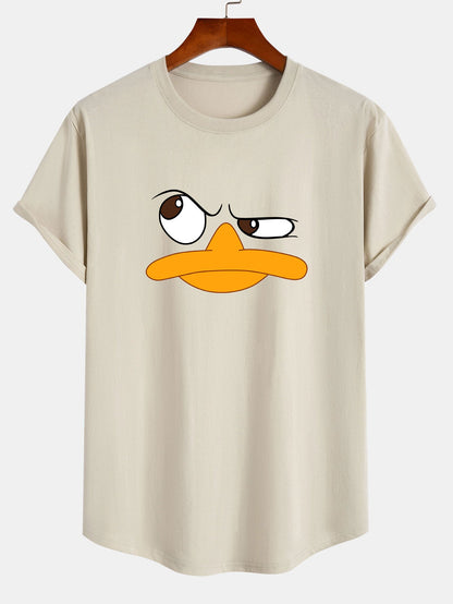 Camiseta de Algodão com Estampa de Pato Emoji e Barra Curvada