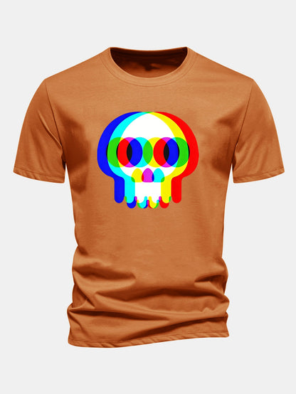 Glitch Skull Print Cotton T-Shirt