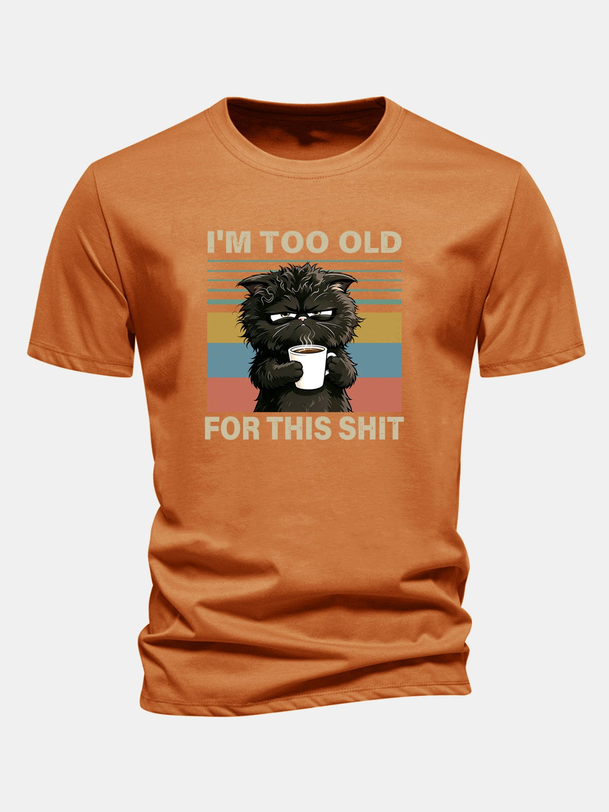 Camiseta de algodão preta de corte regular com estampa de gato preto “Estou velho demais para essa merda”