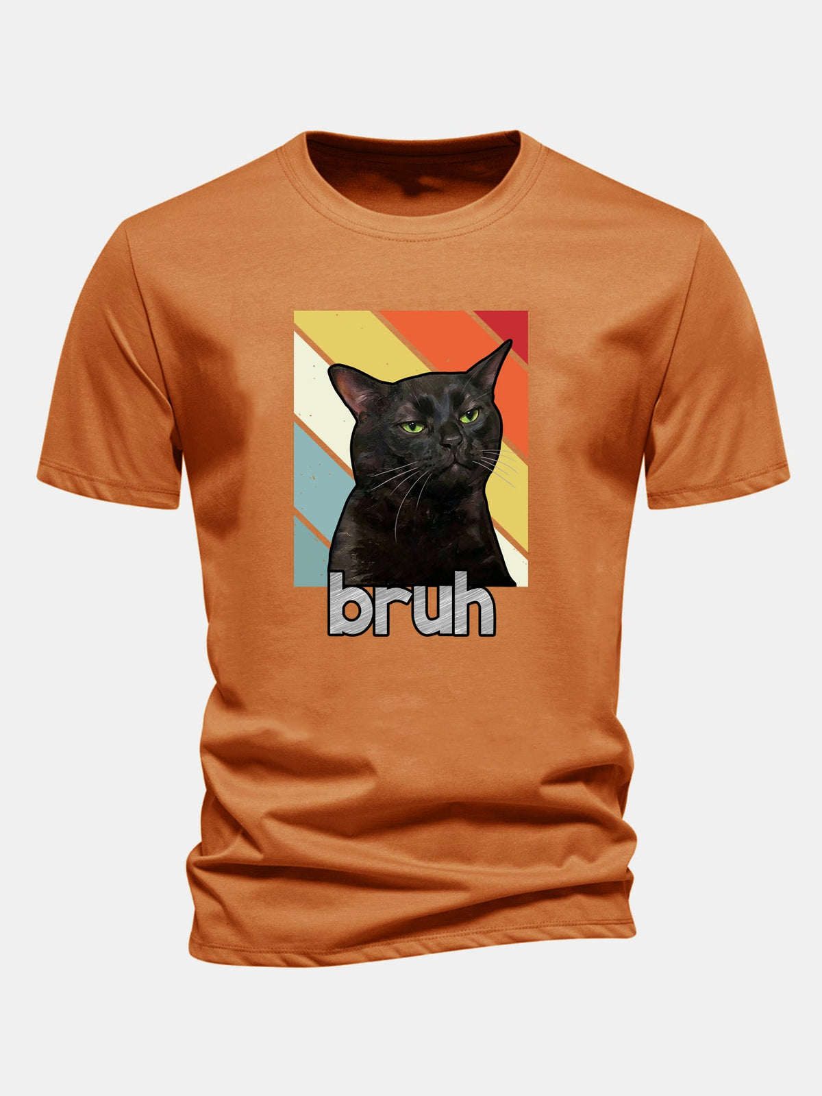 Camiseta de algodão preta com estampa de gato, corte regular, Bruh