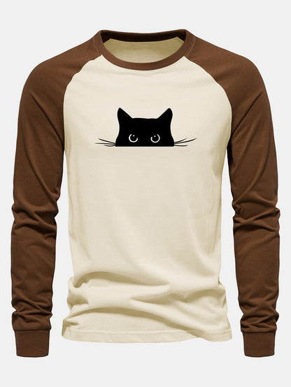 Black Cat Print Raglan Long Sleeve Cotton T-Shirt