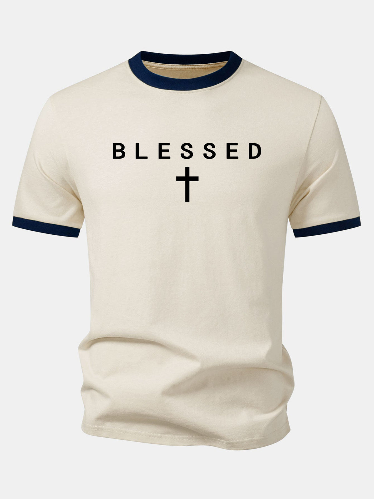 Blessed Cross Print Contrast Collar T-Shirt