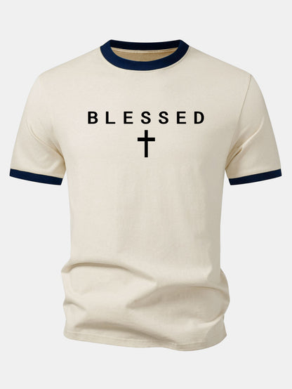 Blessed Cross Print Contrast Collar T-Shirt