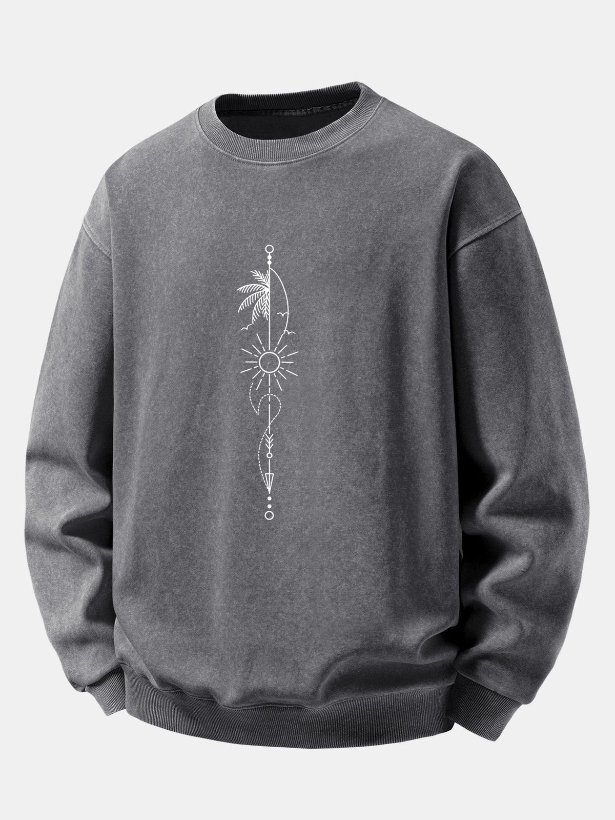 Sun, Palm & Arrow Print Washed Distressed Sweatshirt