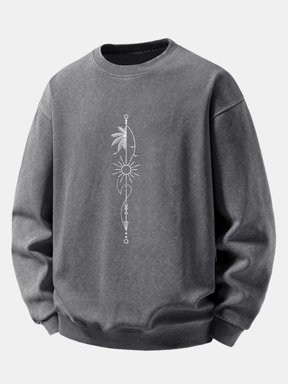 Sun, Palm & Arrow Print Washed Distressed Sweatshirt