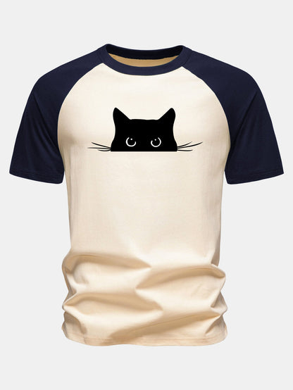 Camiseta de algodão com mangas raglã e estampa de gato preto