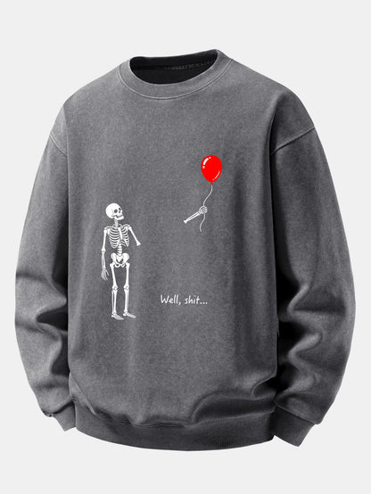 Balloon Skeleton Print Washed Distressed Sweatshirt