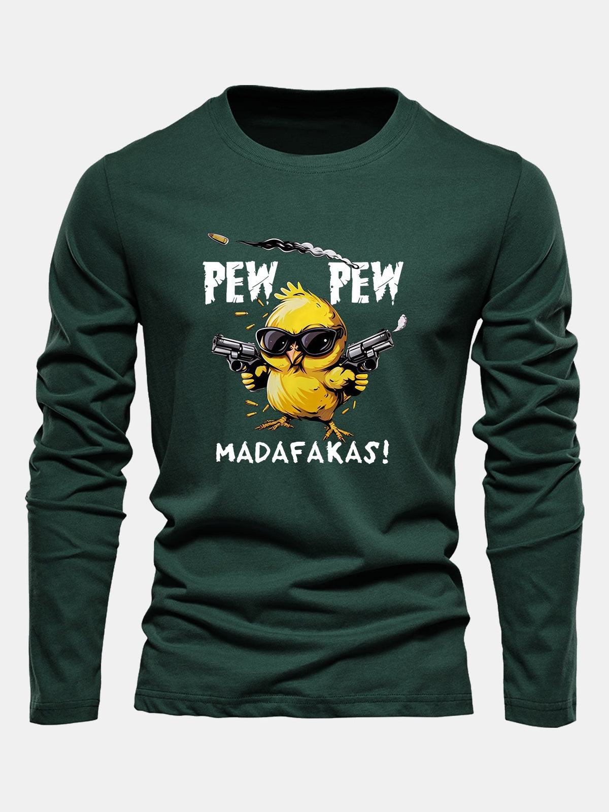 "Pew Pew" Chicken Print Long Sleeve Cotton T-Shirt