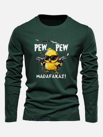 "Pew Pew" Chicken Print Long Sleeve Cotton T-Shirt