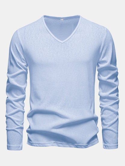 Lightweight Linen-Look V-Neck Long Sleeve T-Shirt