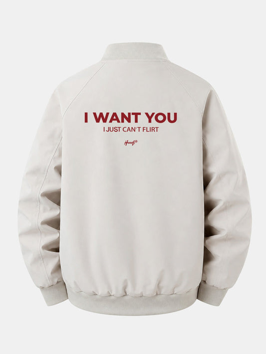 Jaqueta bomber com zíper, modelagem confortável e estampa "I Want You Back"