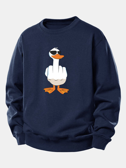Moletom de Corte Relaxado com Estampa Engraçada de Pato Mostrando o Dedo Médio