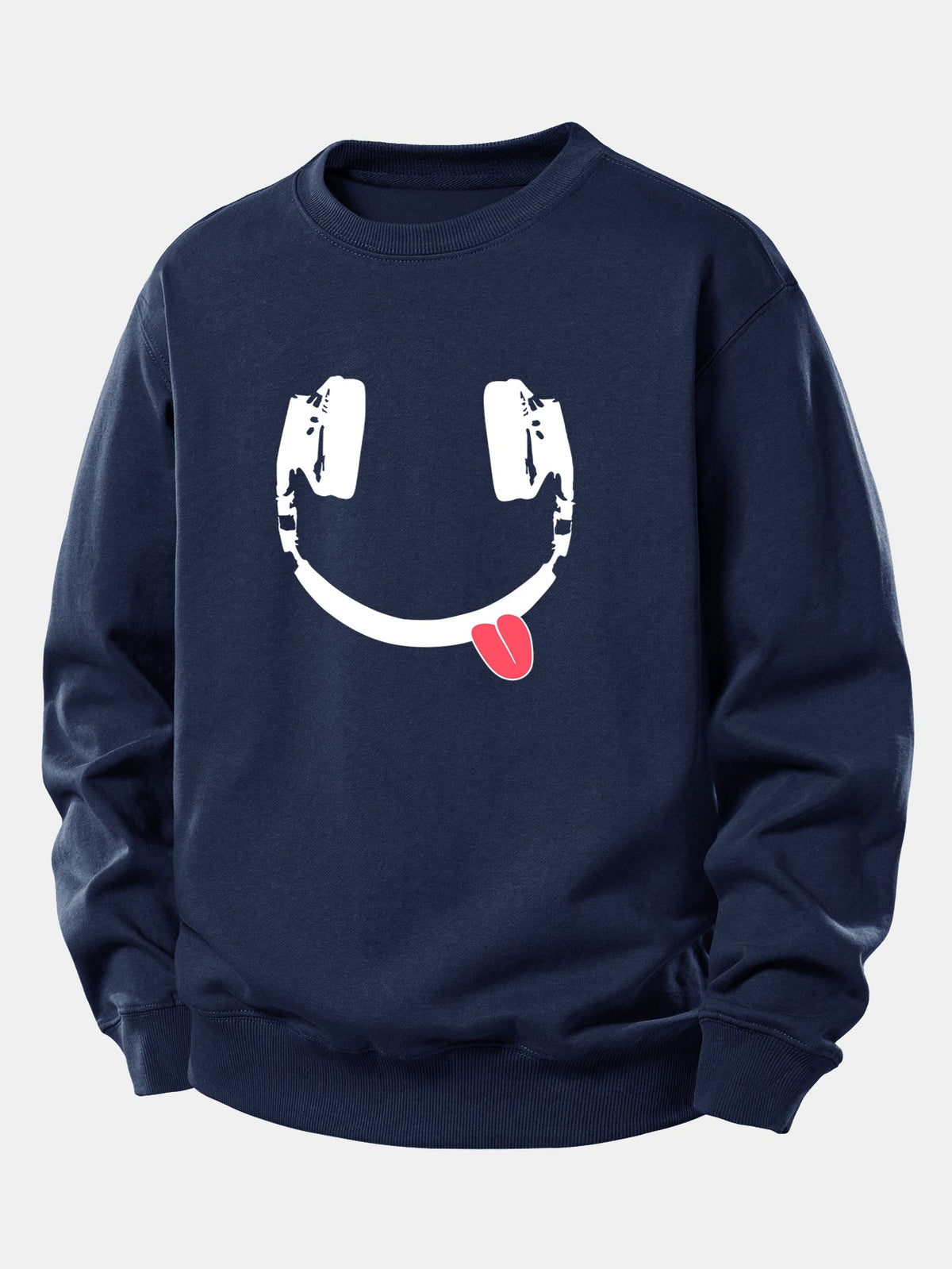 Moletom de caimento confortável com estampa de carinha sorridente usando fones de ouvido