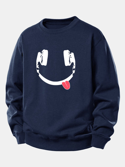 Moletom de caimento confortável com estampa de carinha sorridente usando fones de ouvido