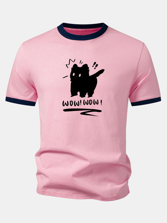 Camiseta com estampa de gato assustado, gola e mangas contrastantes