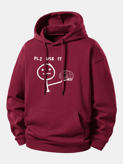 Moletom com capuz de caimento confortável com estampa “Please Use It Brain”