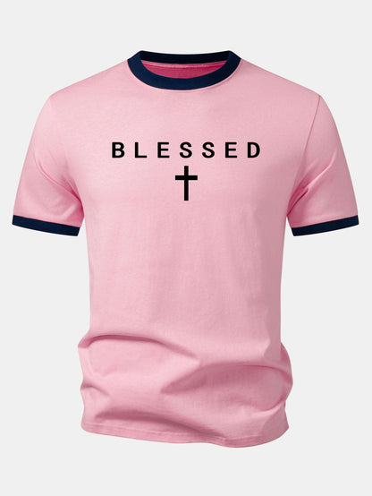 Blessed Cross Print Contrast Collar T-Shirt