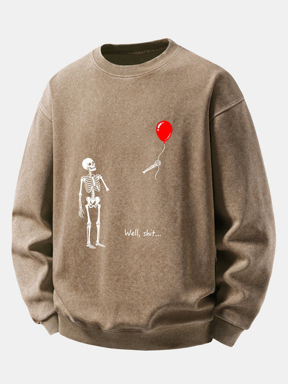 Balloon Skeleton Print Washed Distressed Sweatshirt