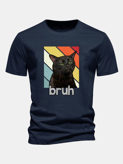 Camiseta de algodão preta com estampa de gato, corte regular, Bruh