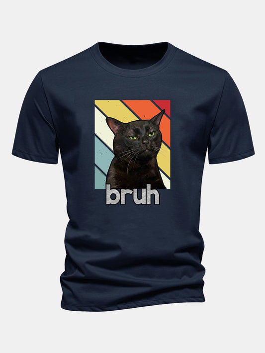 Camiseta de algodão preta com estampa de gato, corte regular, Bruh