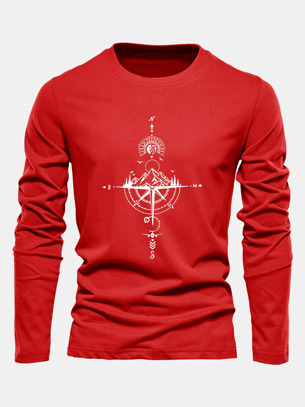 Compass & Mountain Print Long Sleeve Cotton T-Shirt