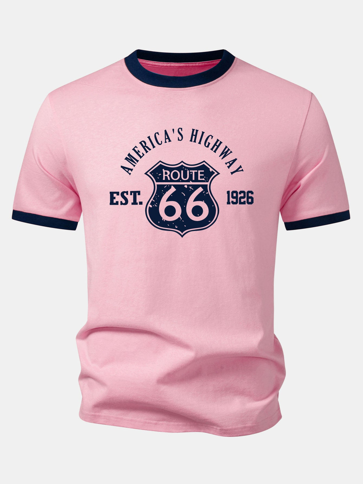 Camiseta Vintage Route 66 America's Highway com Estampa e Detalhe Contrastante