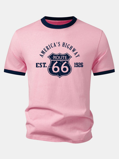 Camiseta Vintage Route 66 America's Highway com Estampa e Detalhe Contrastante