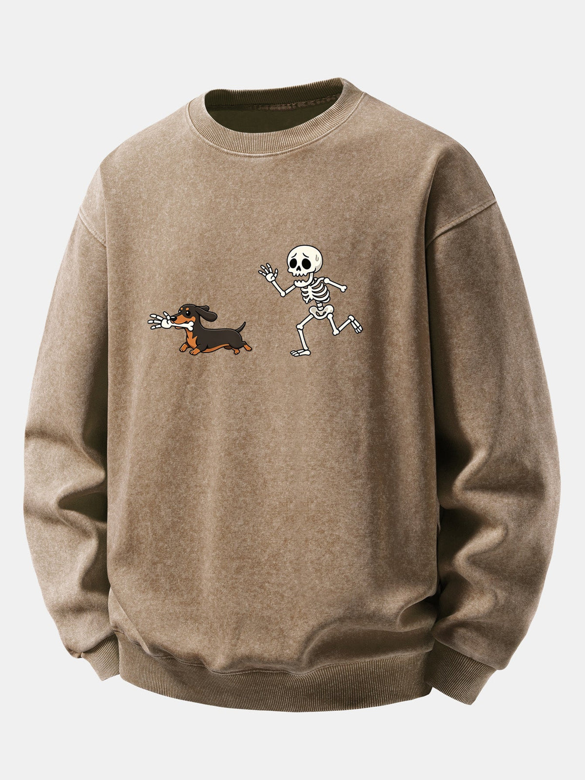 Skeleton & Dachshund Print Washed Distressed Sweatshirt
